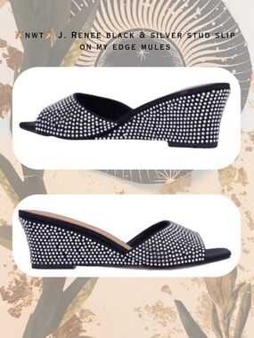 🎉🎉J. Renee Black & Silver Rhinestone Square Toe Slip On Wedges